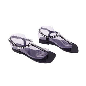 Jeffrey Campbell Plated Jelly Thong Sandal Sz 8 Black Ankle Strap Embellished